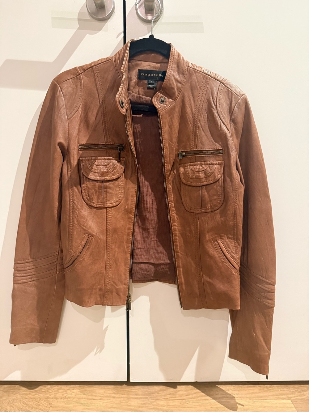bagatelle Tan Leather Moto Jacket with Zip Chest Pockets